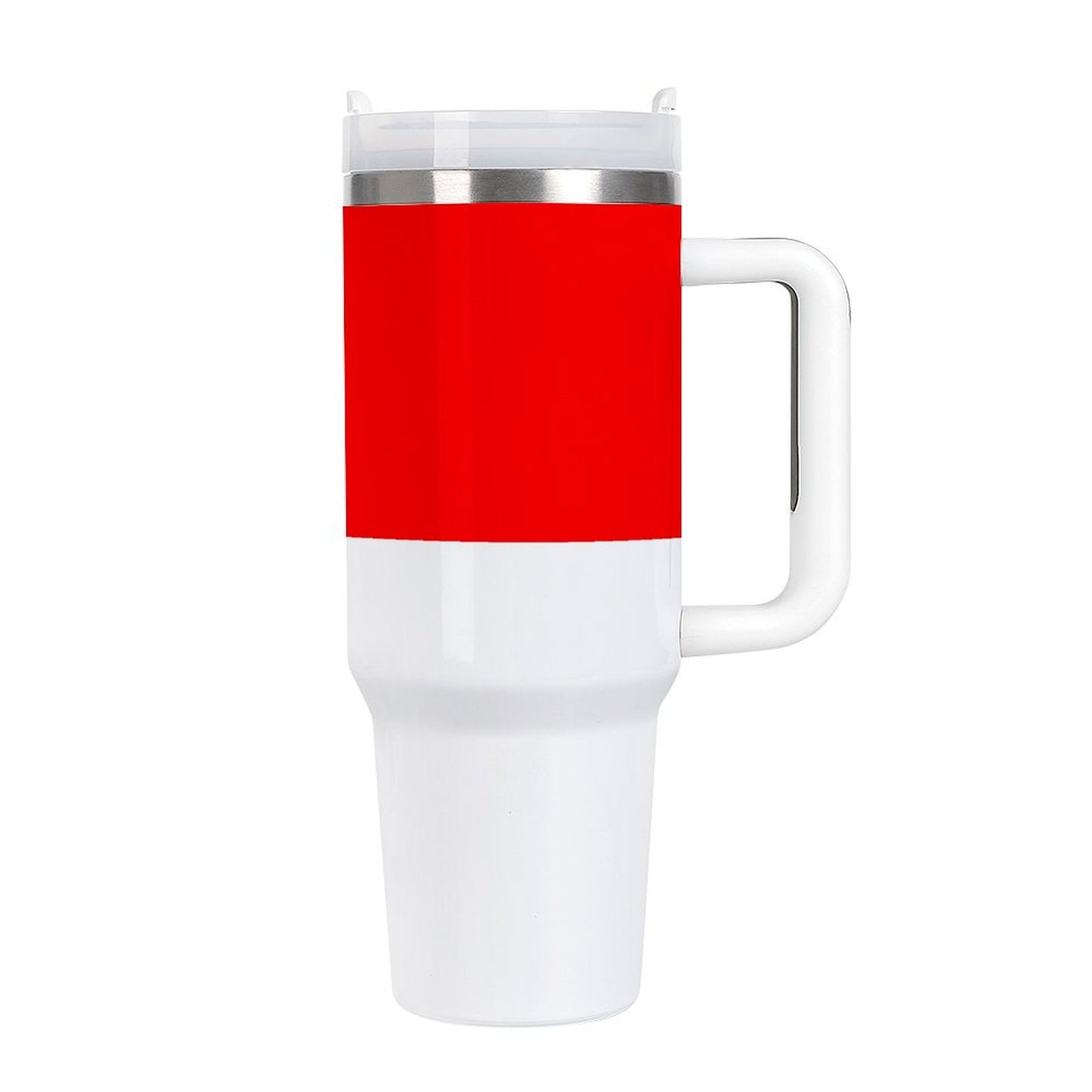 White and red [Brand] travel mug with a handle.