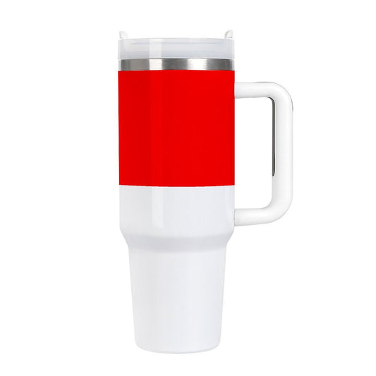 White and red [Brand] travel mug with a handle.
