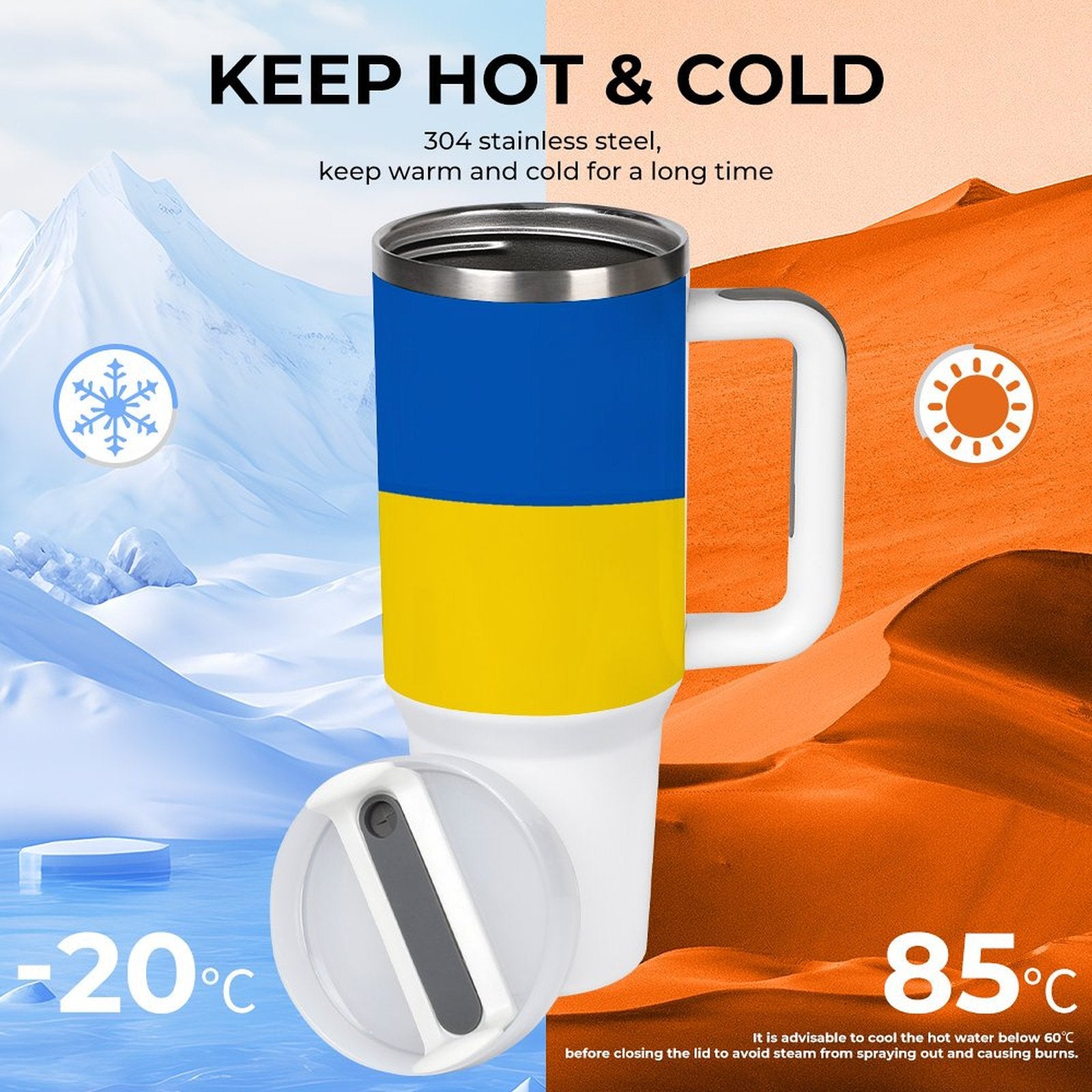 [Brand] mug keeps beverages hot or cold, colorful design.