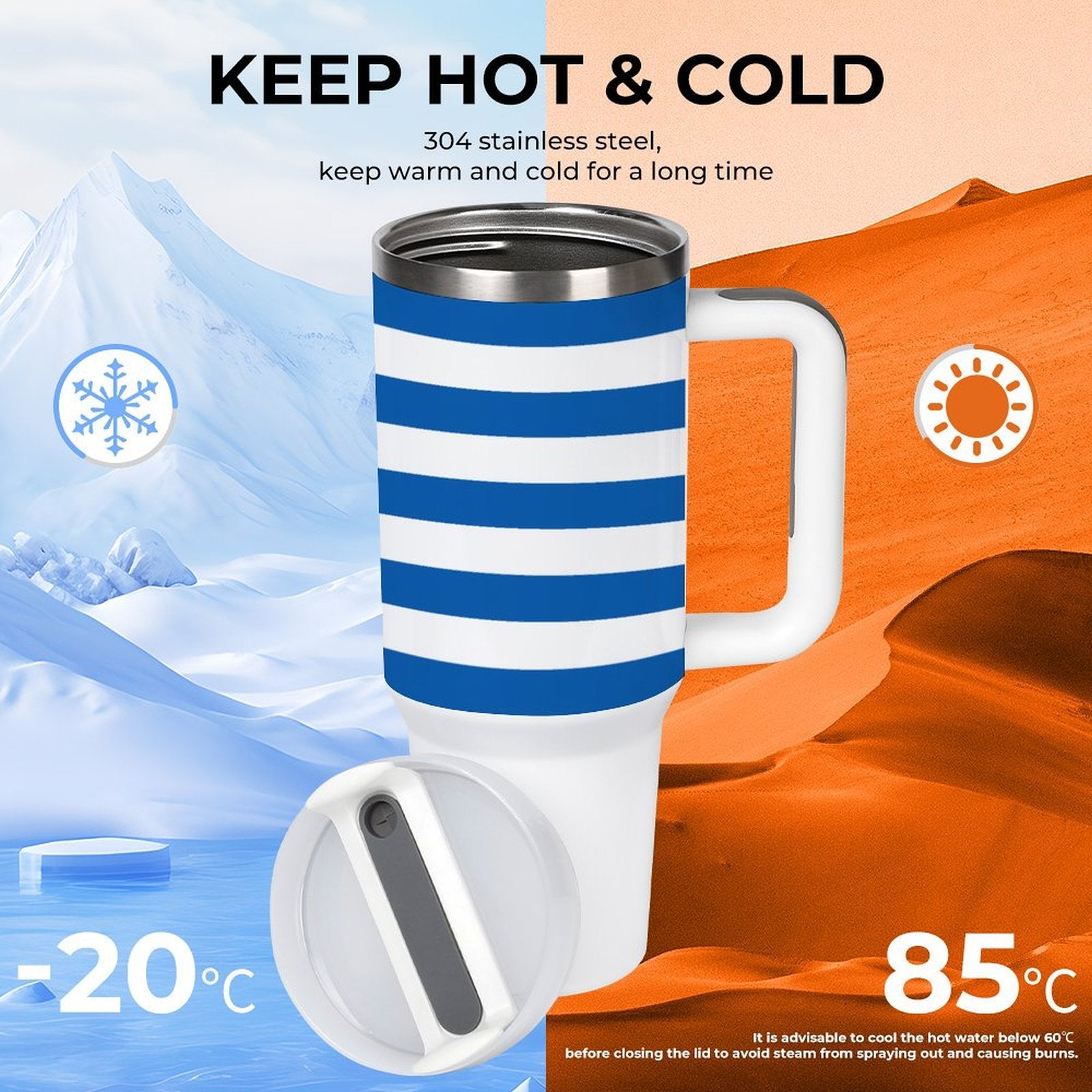 [Brand] mug maintaining temperature, features blue stripes, white handle.