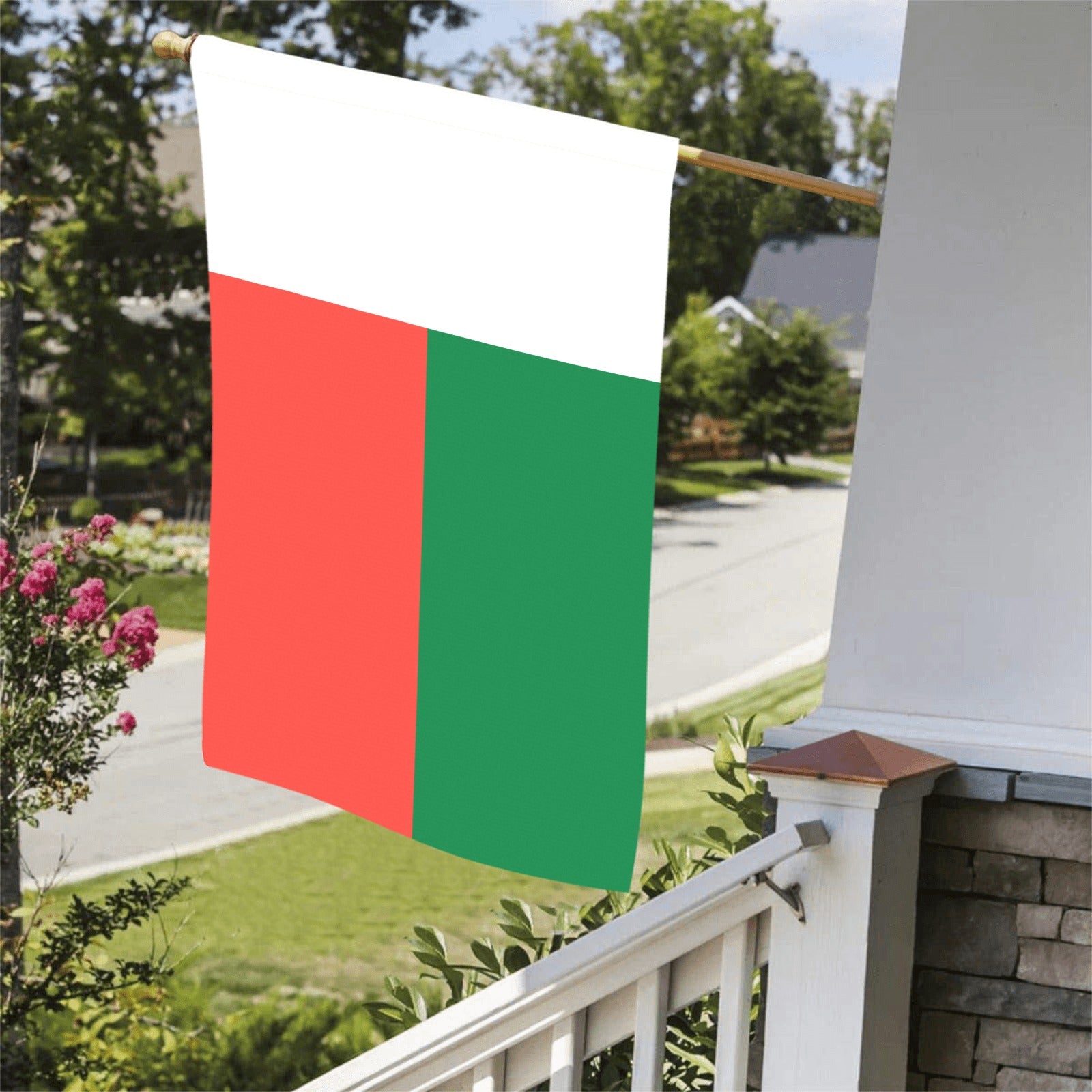 Luv My Flag: Madagascar flag displayed on house porch.