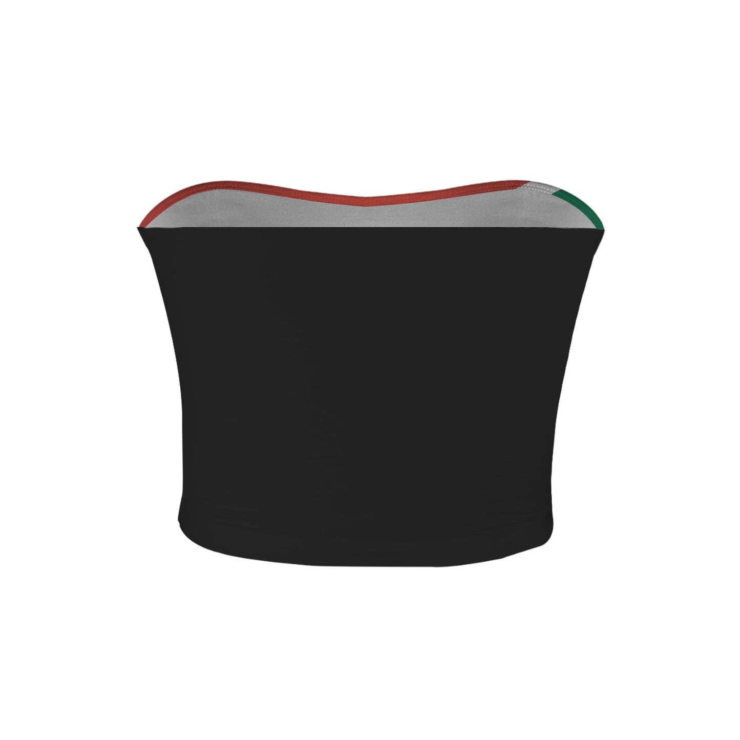 Black tube top with tricolor trim, by [Brand].