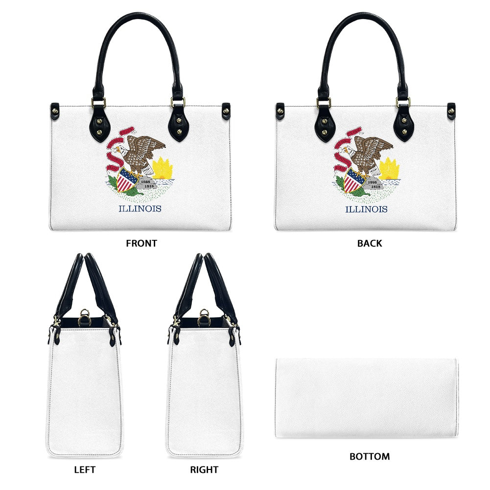 [Brand] white handbag featuring Illinois state emblem, multiple views.