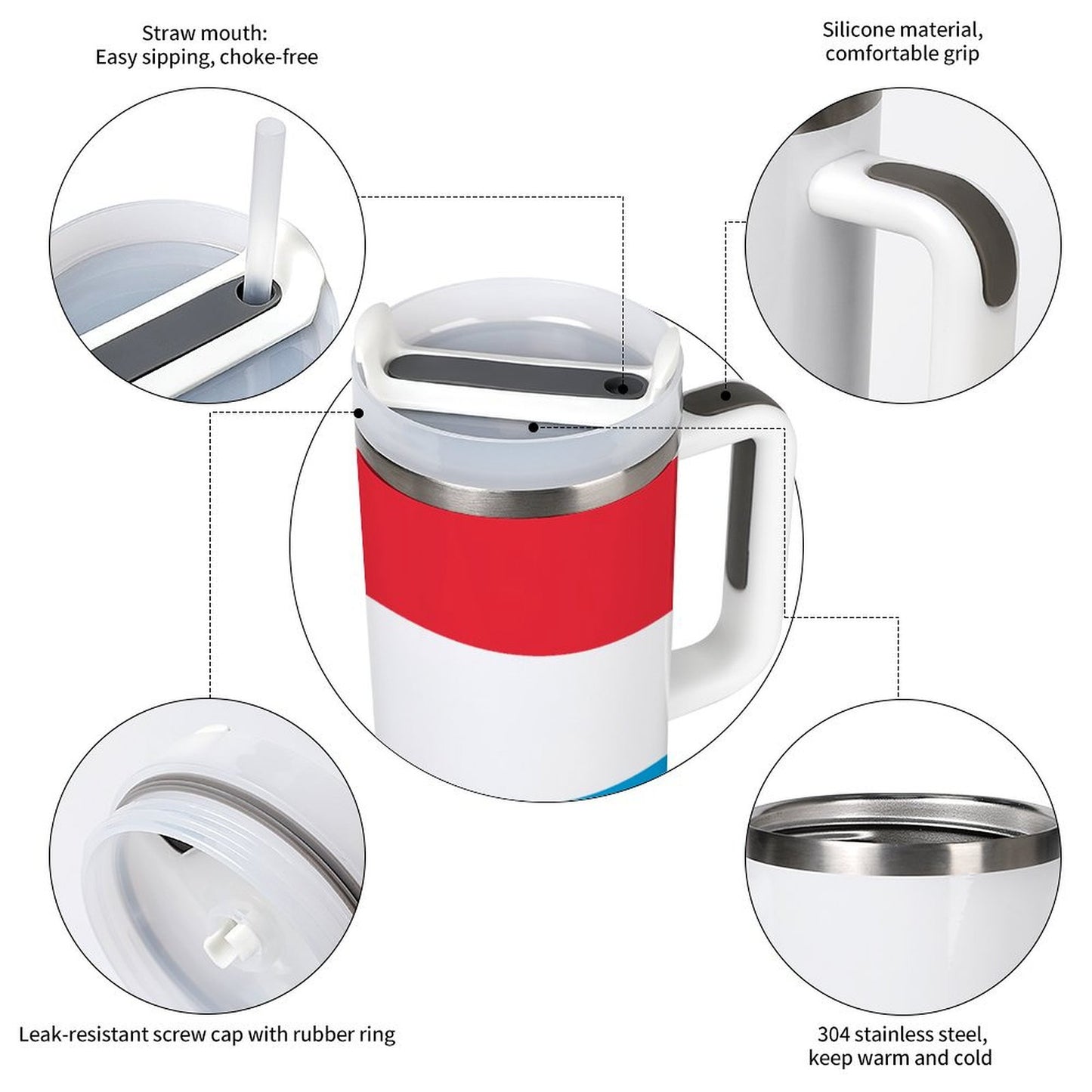 [Brand] travel mug with silicone grip, stainless steel insulation.