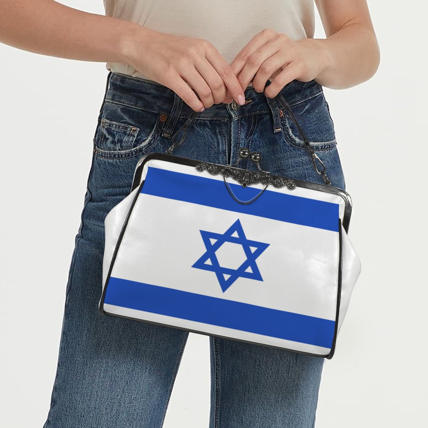 Israel Flag Inspired Kisslock Crossbody Shoulder Bag