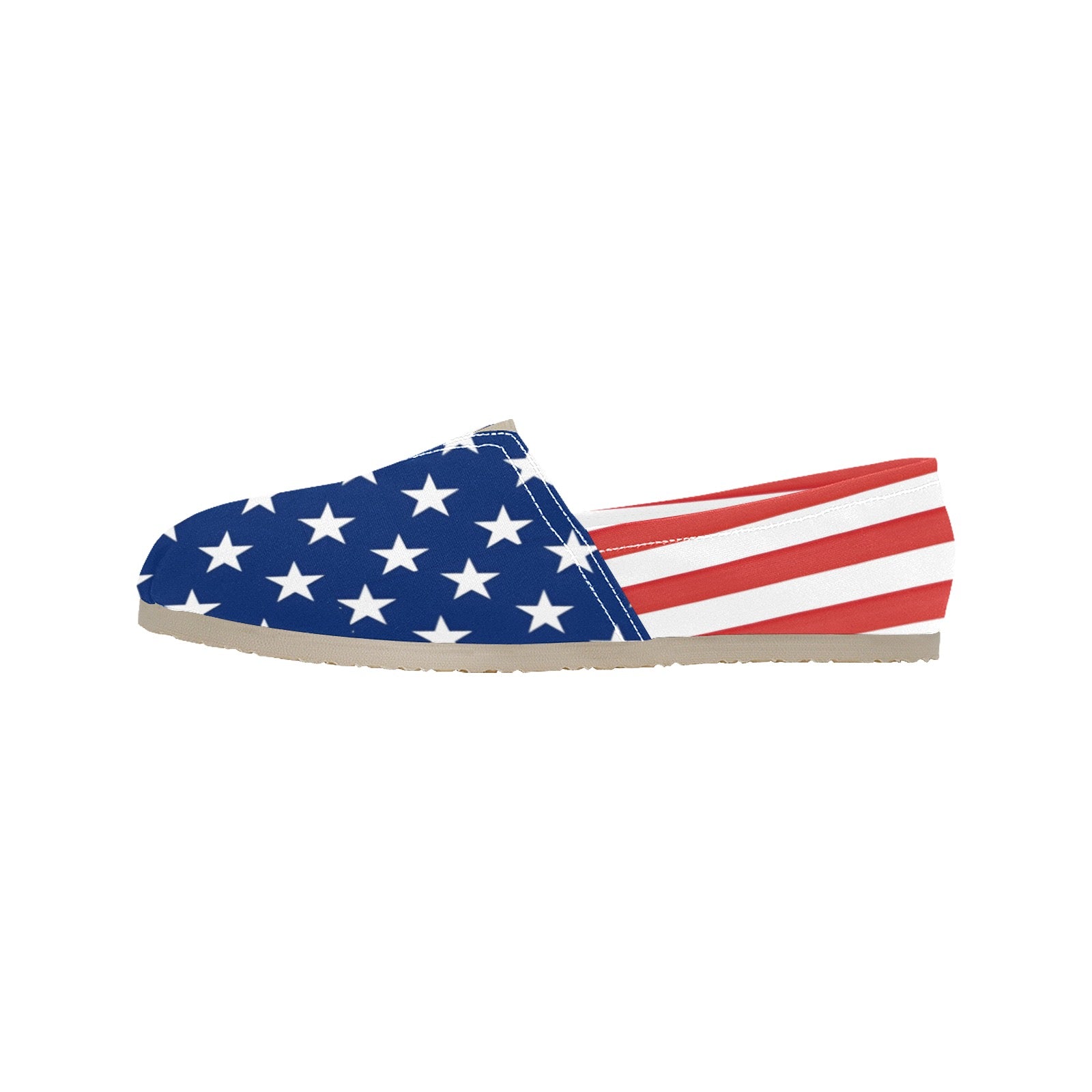 [Brand] stars and stripes patterned slip-on shoe, left side.