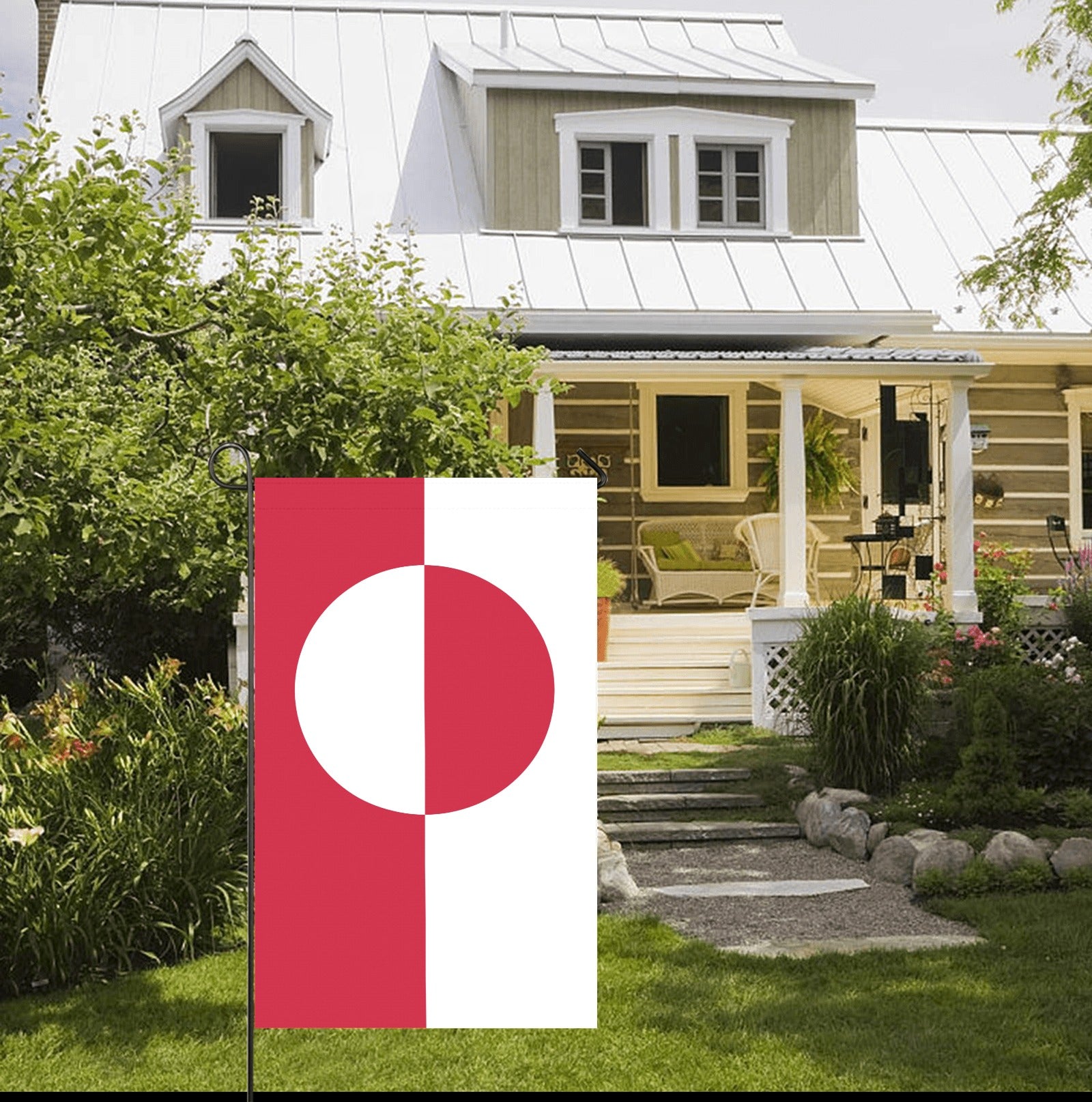 House with modern design, garden, and [Luv My Flag] flag.