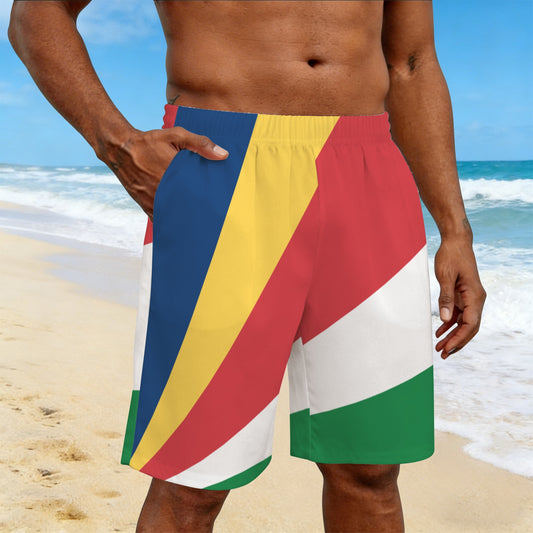 Seychelles Flag Inspired Men’s Draw String Pocket Beach Shorts Printed in the USA