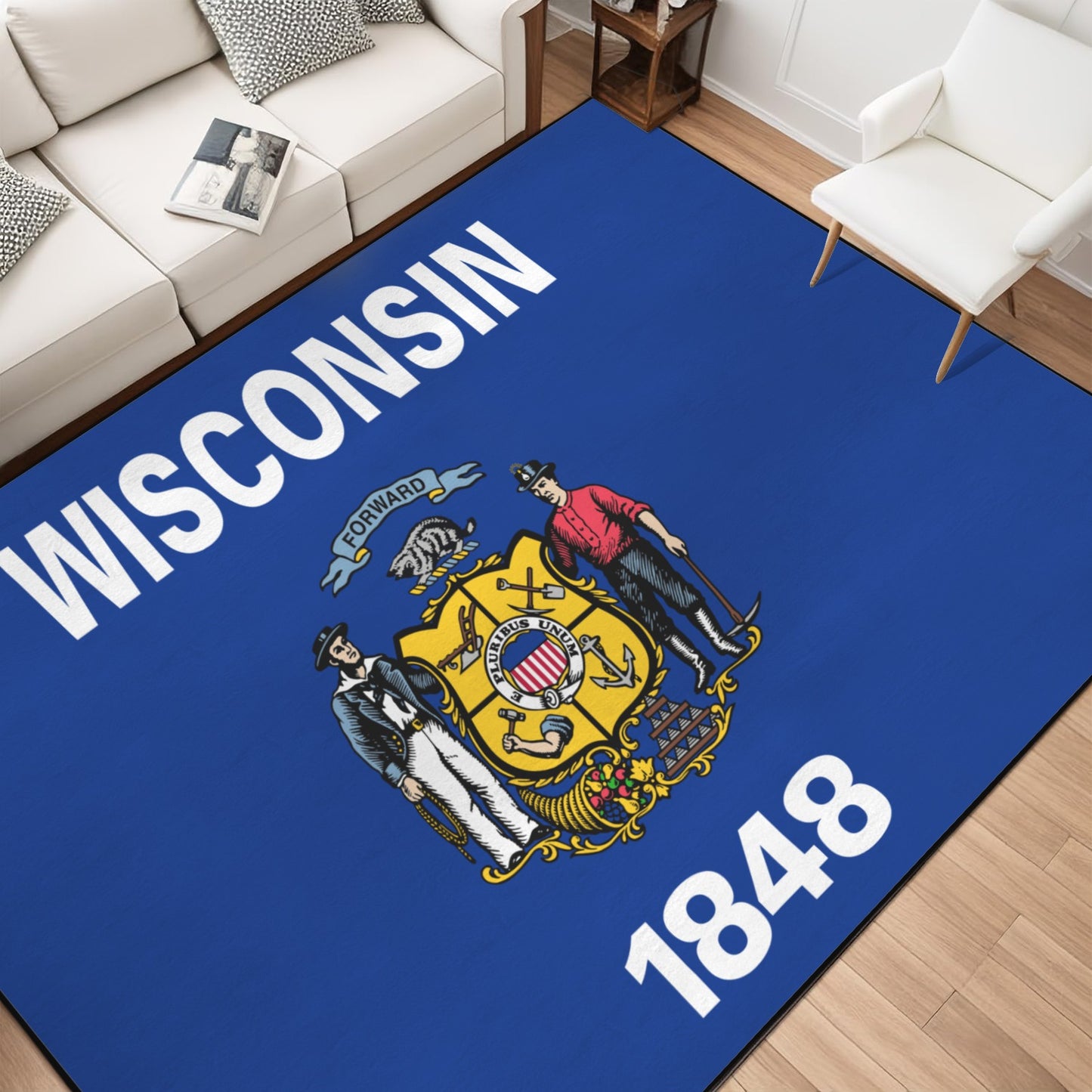 Wisconsin Flag Inspired 84x60 Inch Area Rug with Black Binding (Made in the USA)