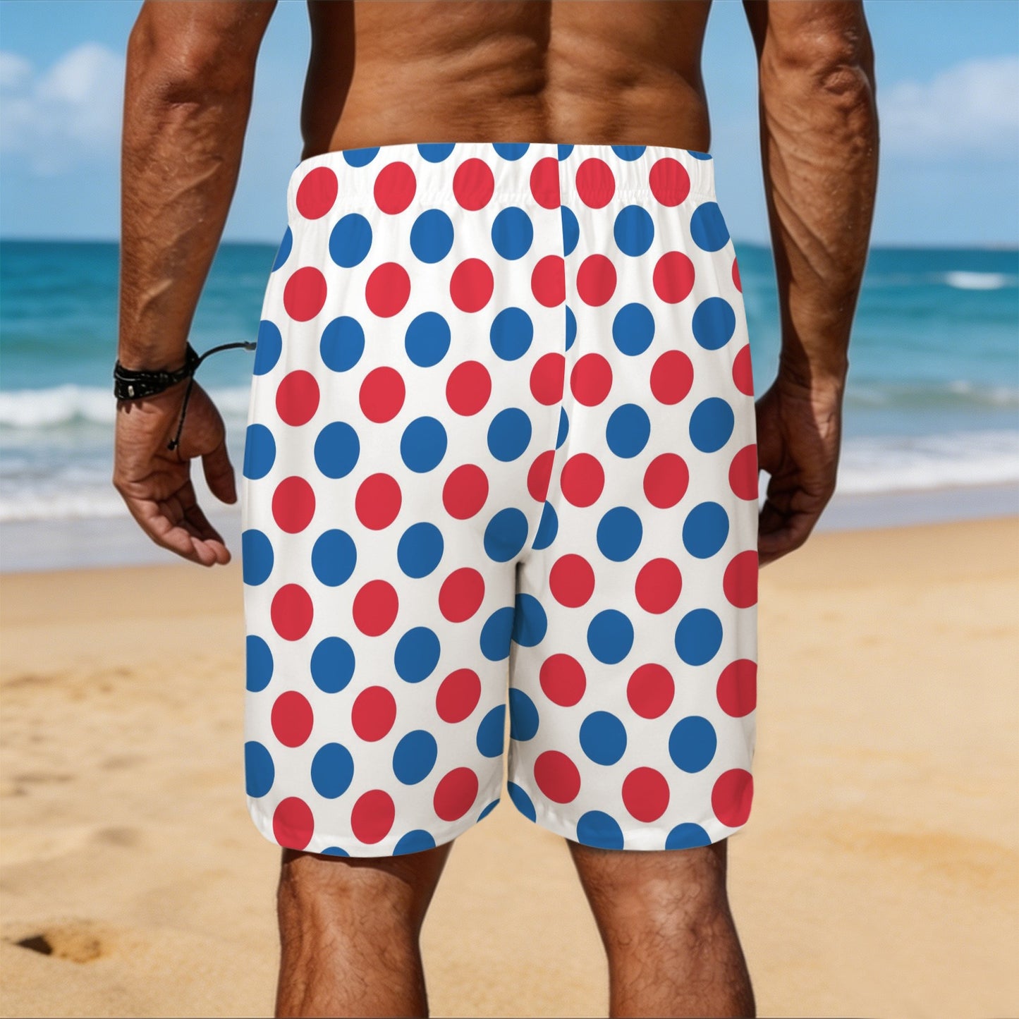 USA/American Flag Inspired Polka Dot Pattern Men’s Draw String Pocket Beach Shorts Printed in the USA