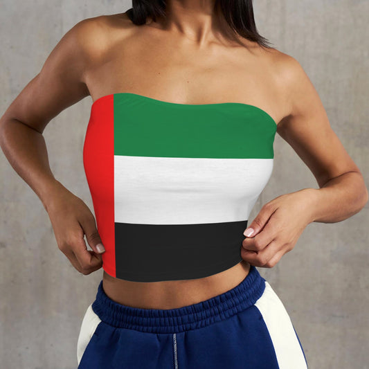 Woman wearing a strapless top with UAE flag, [Brand].