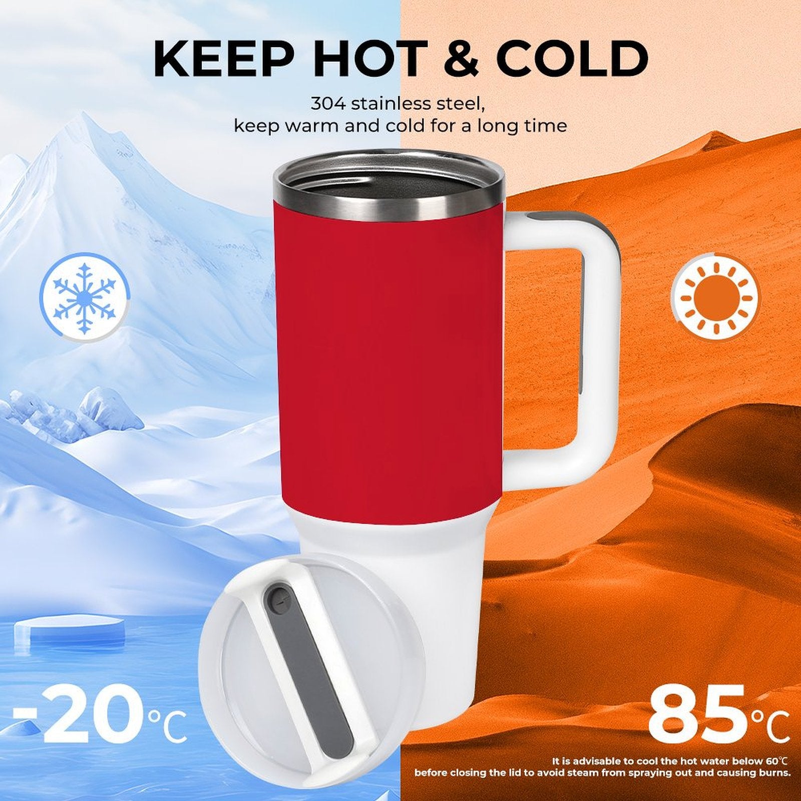 Red [Brand] mug keeps beverages hot or cold effectively.