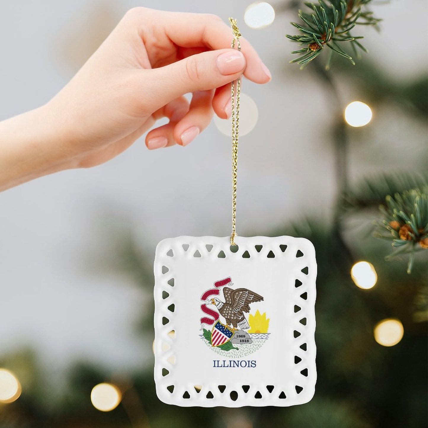 Illinois Flag Inspired Square Ceramic Ornament Made in the USA