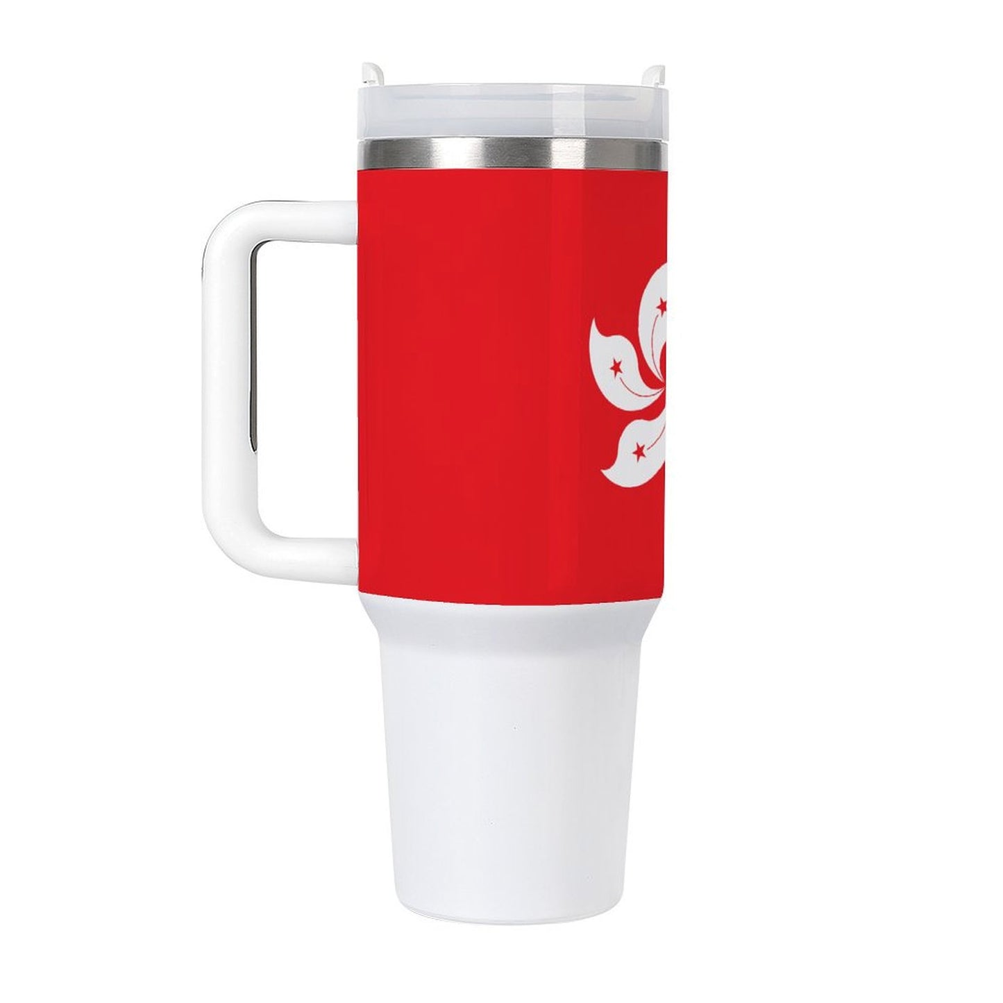 Red [Brand] travel mug with Hong Kong flag design.