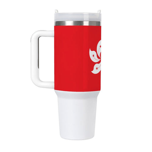 Red [Brand] travel mug with Hong Kong flag design.