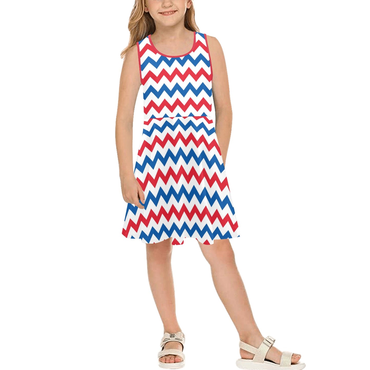 USA/American Flag Inspired Chevron Pattern Girls' Sleeveless Sundress | Ships from USA