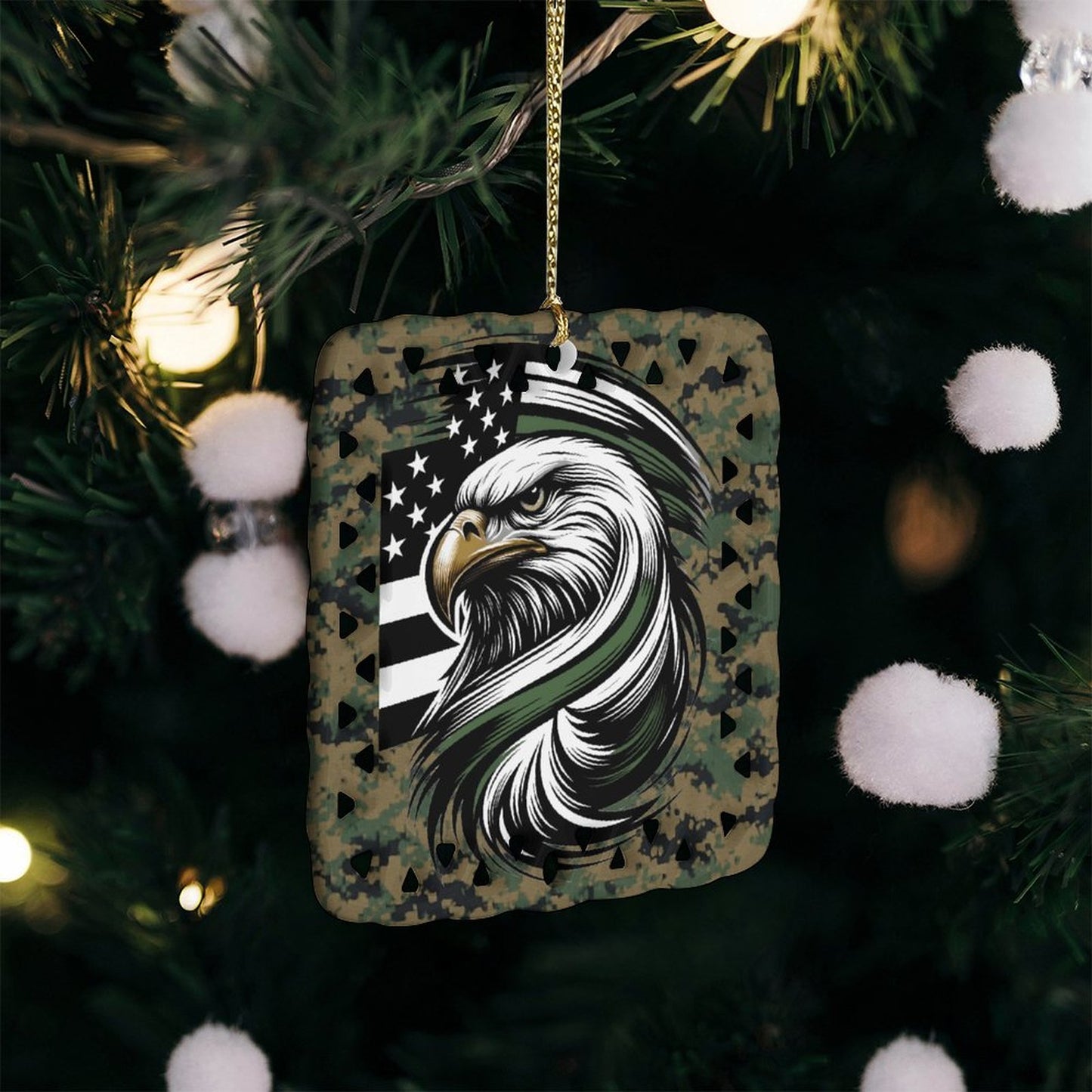 Thin Green Line Inspired Eagle on Digital Camo Flag Inspired Square Ceramic Ornament Made in the USA