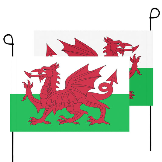 Two Luv My Flag garden flags featuring Welsh dragons.