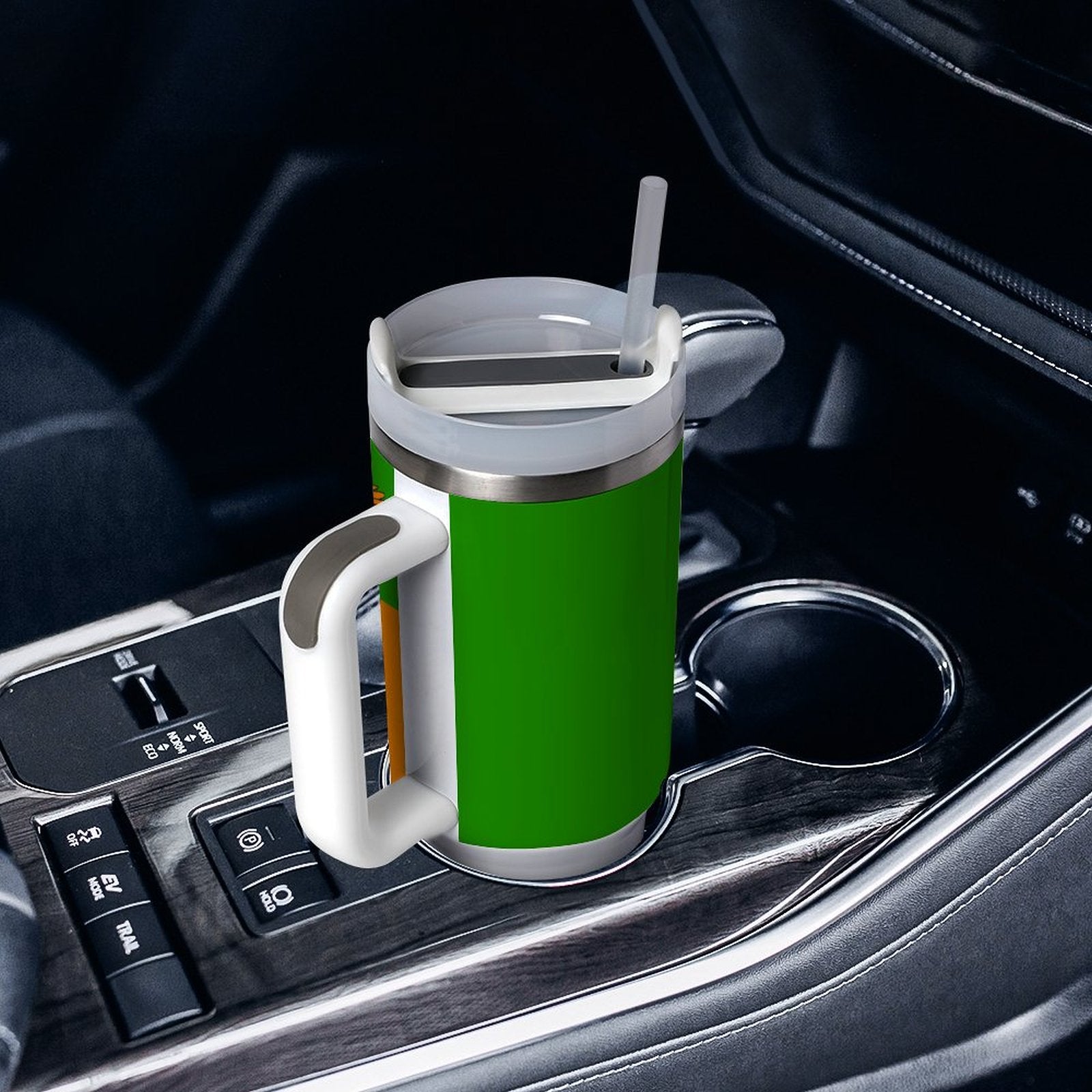 [Brand] green travel mug in car cup holder, lid open.