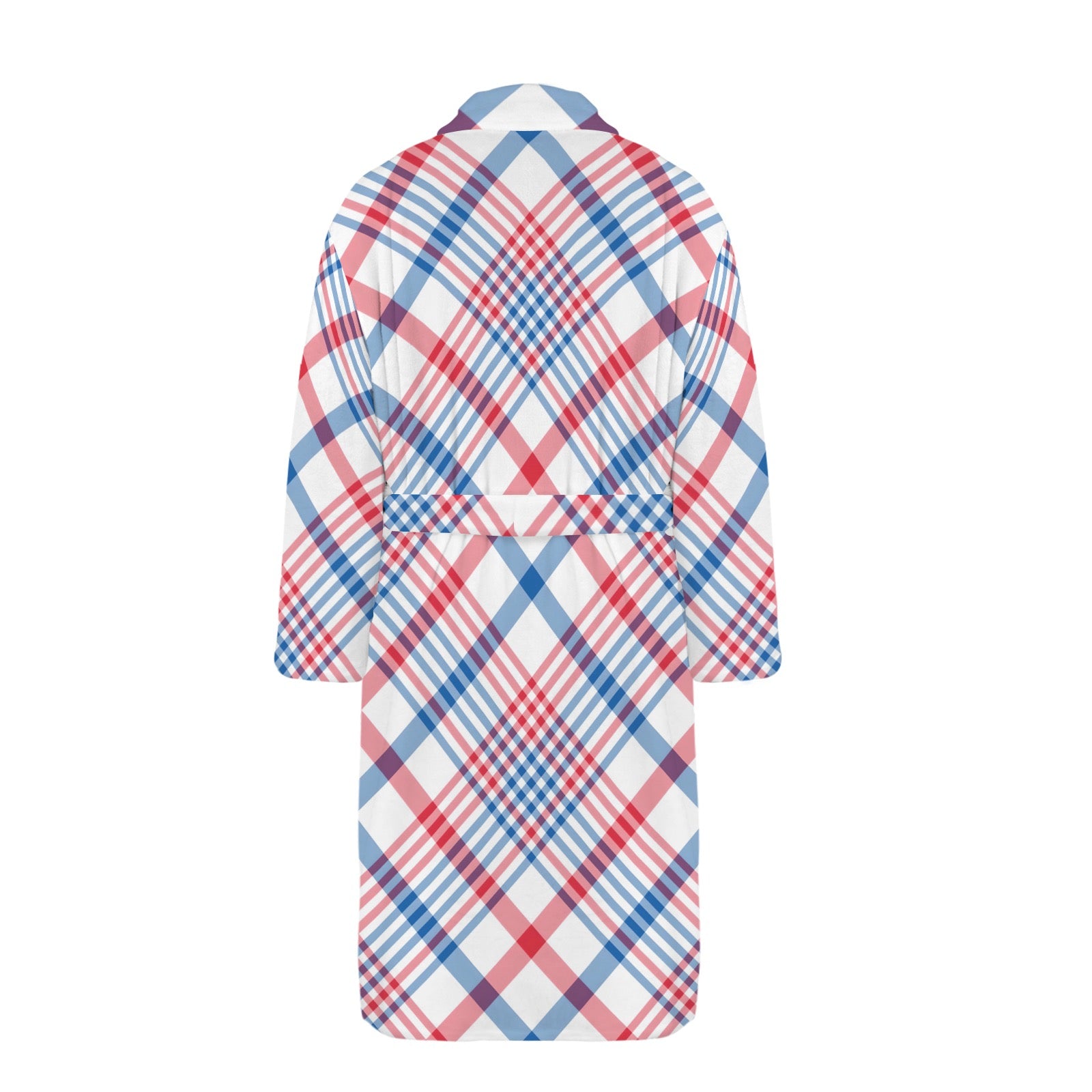 "Plaid bathrobe by [Brand] in red, blue, and white."