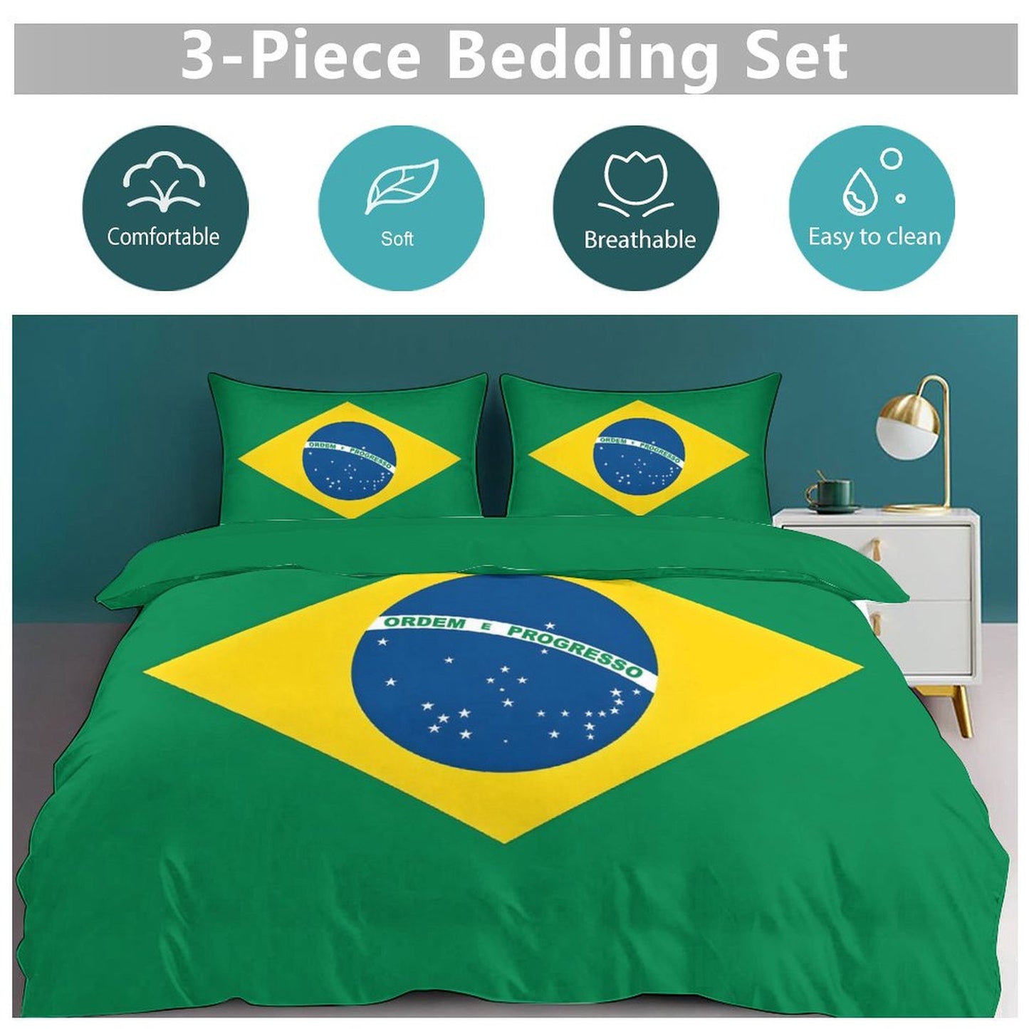 Brazil Flag Inspired 3-Piece Bedding Set (1 Duvet Cover + 2 Pillow Shams) – 102"×90"