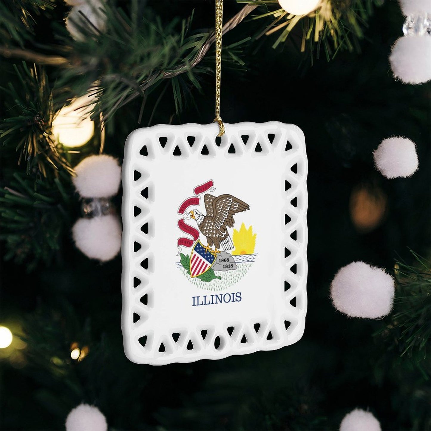 Illinois Flag Inspired Square Ceramic Ornament Made in the USA