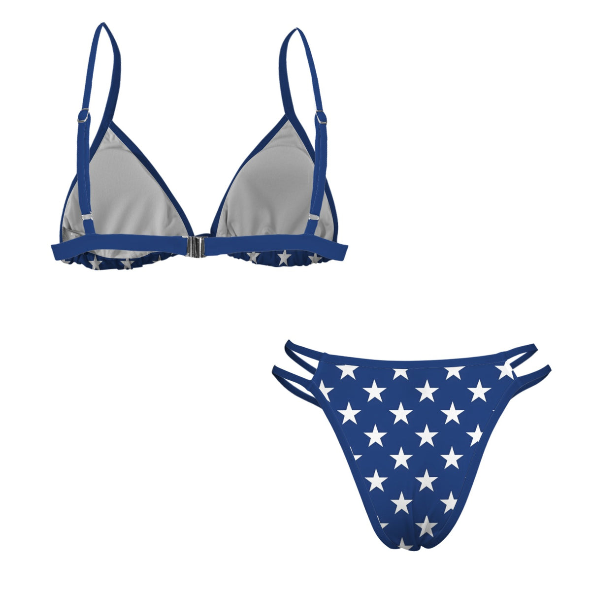 USA/American Flag Inspired White Stars On Blue w/Blue String Double-Strap Triangle Bikini Set