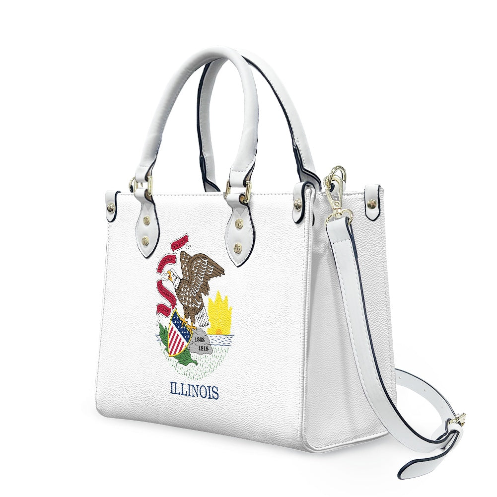 White handbag with Illinois emblem, detachable strap, [Brand] design.