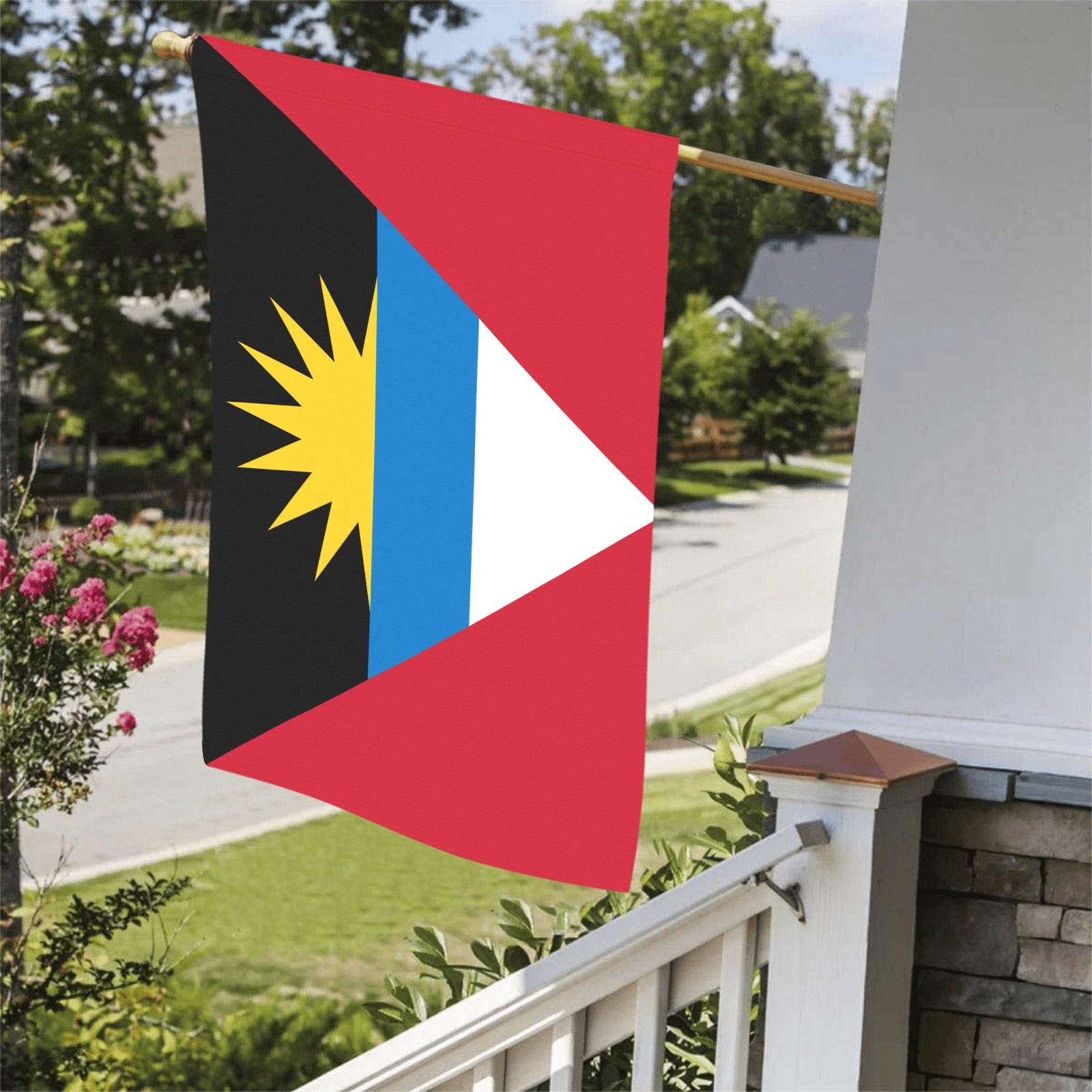 [Luv My Flag] colorful flag hanging outside suburban house.