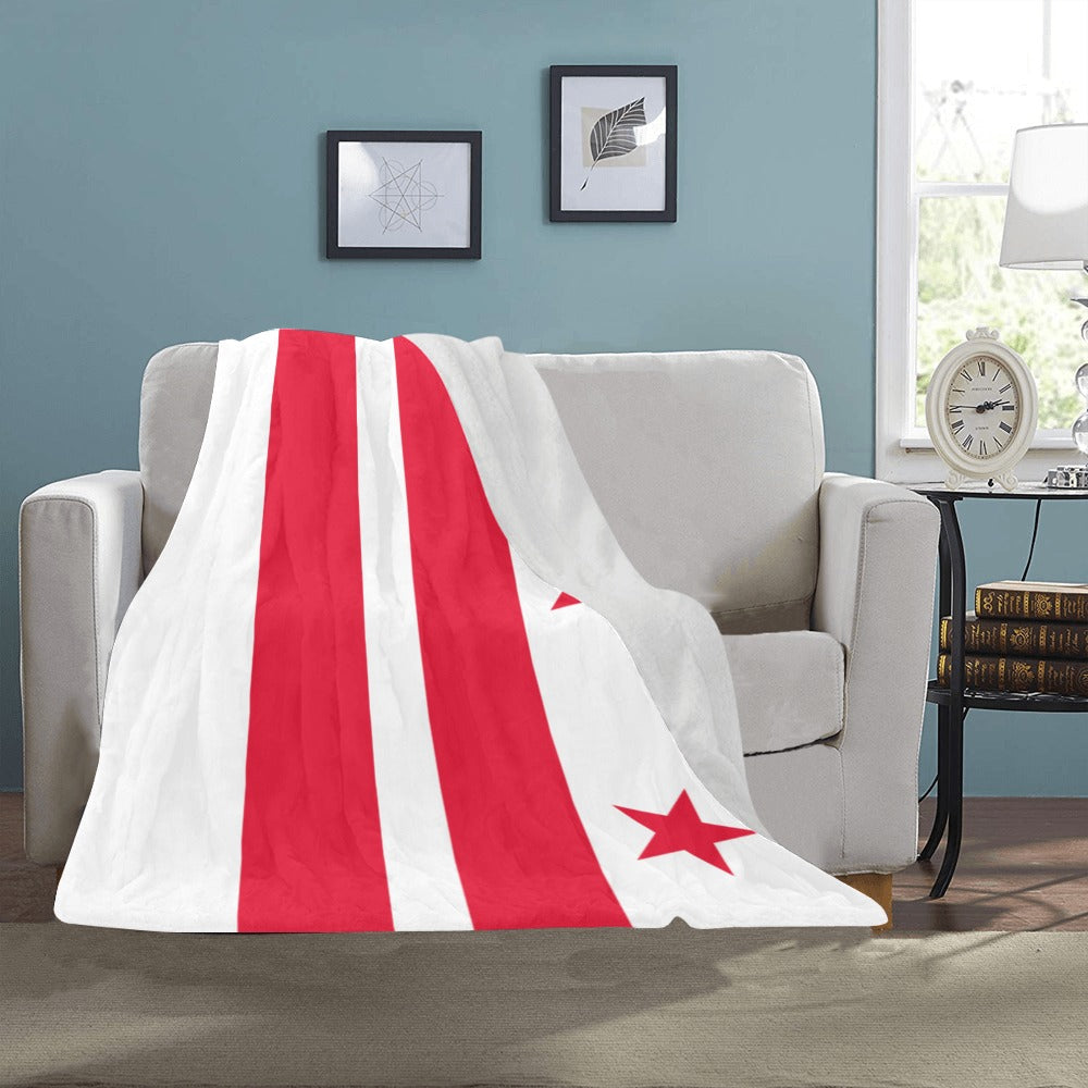 [Luv My Flag] blanket with red stripes, star design.