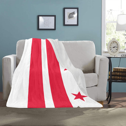 [Luv My Flag] blanket with red stripes, star design.