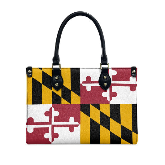 [Brand] handbag featuring colorful Maryland flag pattern design.