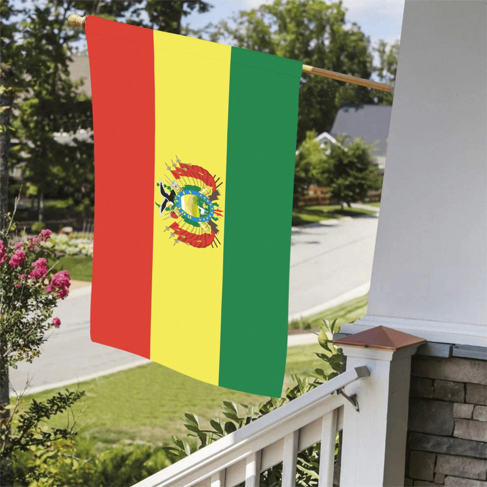 Luv My Flag Bolivian flag hanging on porch railing.
