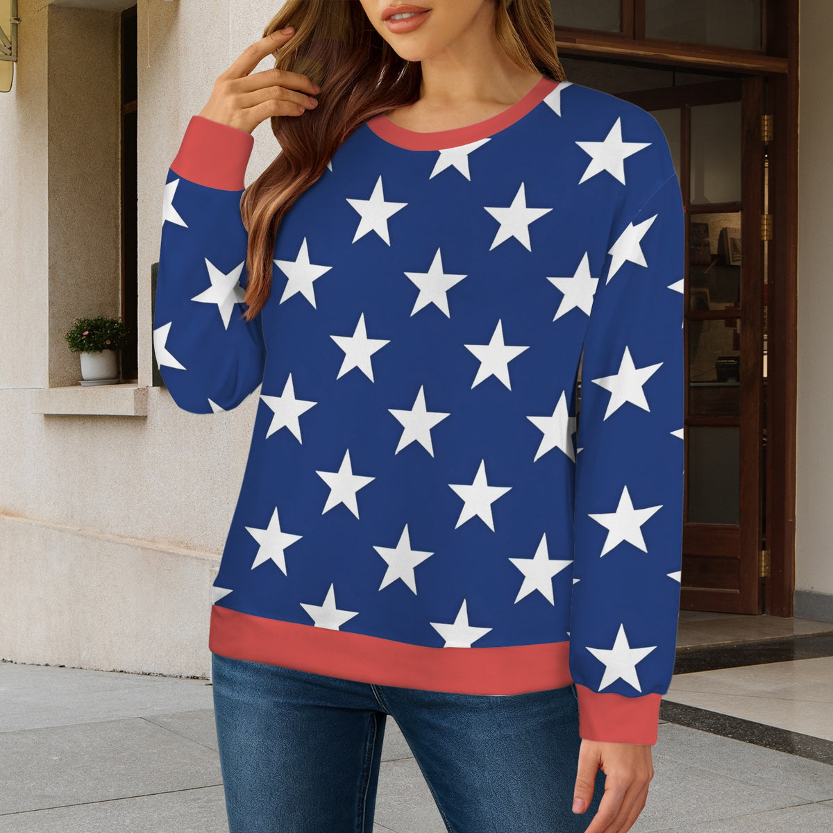 USA/American Flag Inspired Women's Crew Neck Sweater Style-2 Printed in the USA