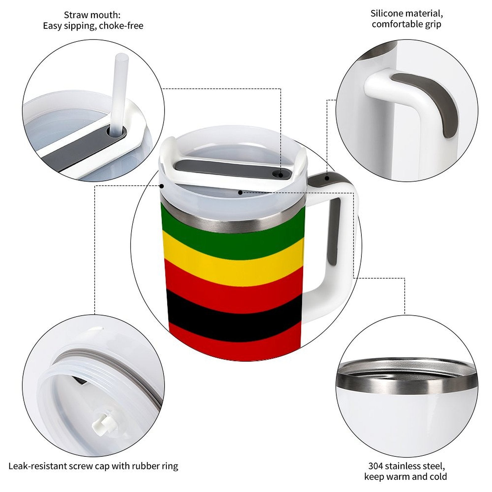 [Brand] insulated mug with colored stripes and detailed features.