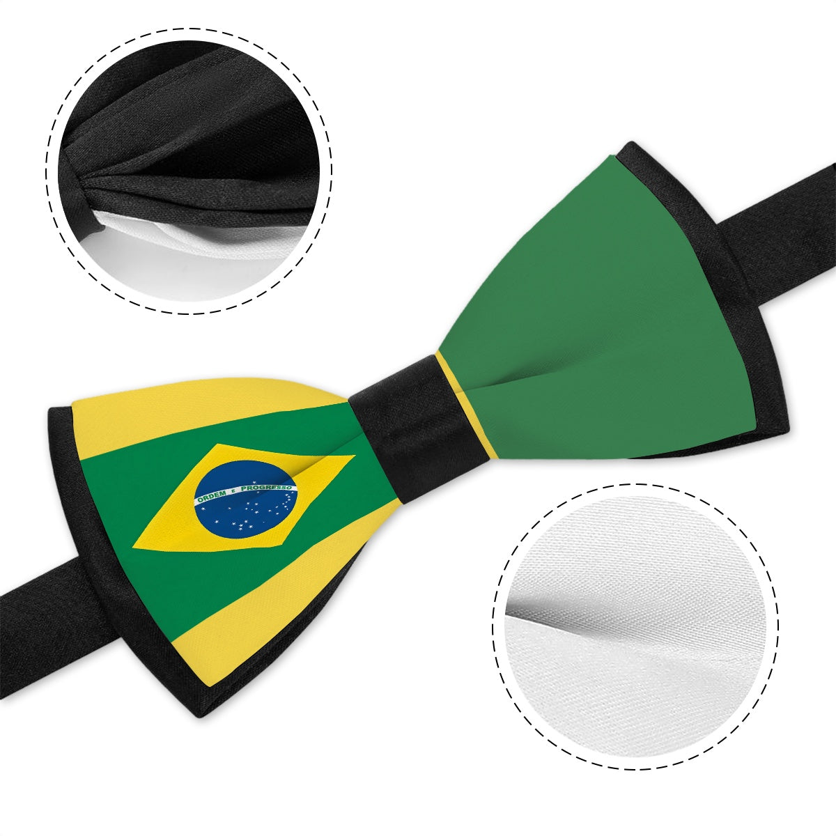 [Brand] bow tie featuring Brazilian flag, textured detail shown.