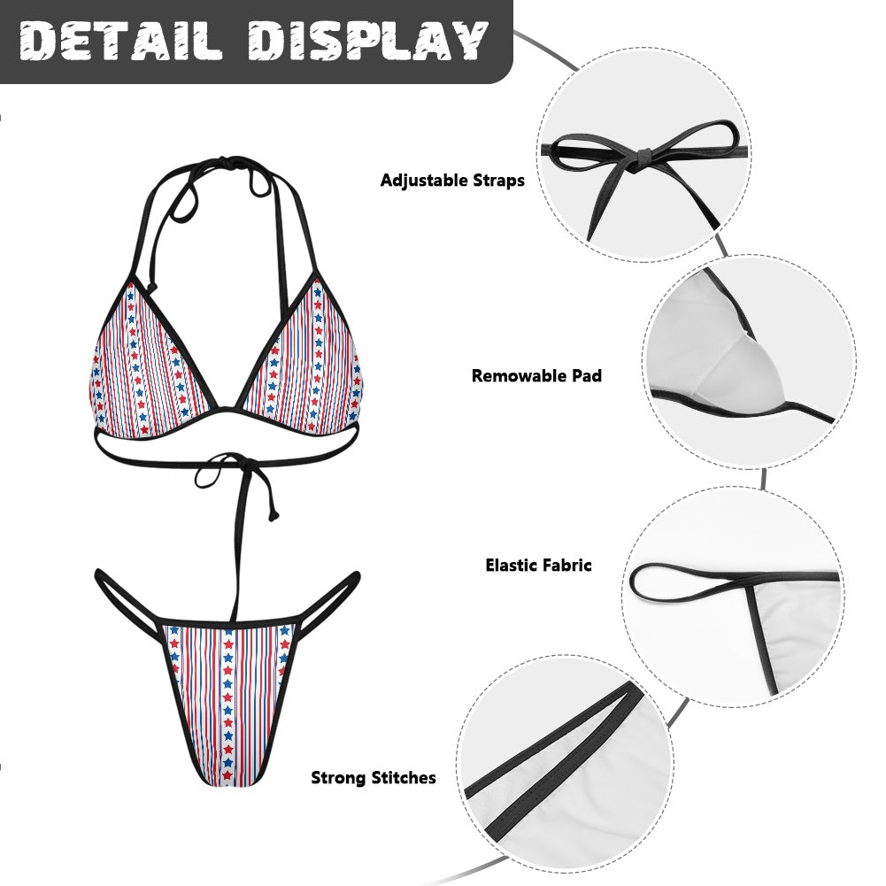 USA/American Flag Inspired Stars & Stripes Pattern Women's Triangle Bikini with Thong Bottom