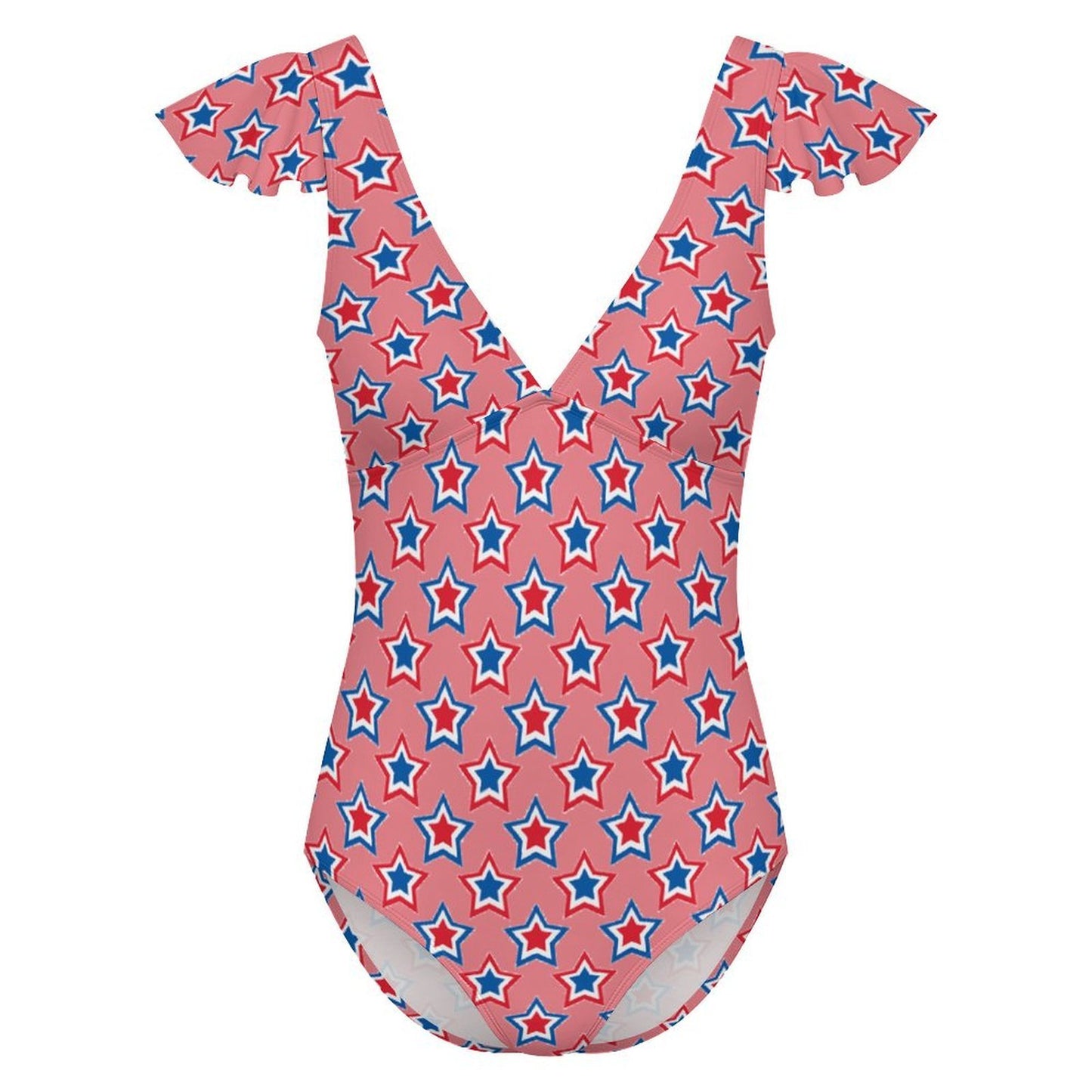 USA/American Flag Inspired Red, White & Blue Stars on Pink Women's V-neck Ruffle Sleeve One Piece Swimsuit