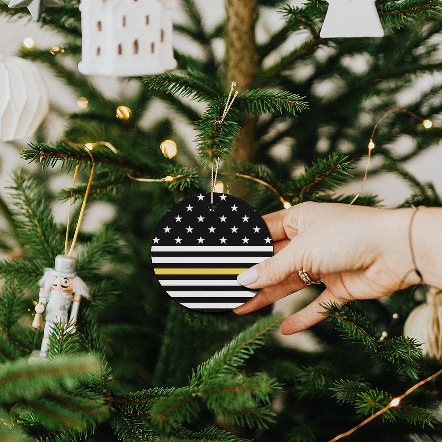 Thin Gold Line Flag Inspired Circle Ceramic Ornament Made in USA Circle Ceramic Ornament (Made in USA)
