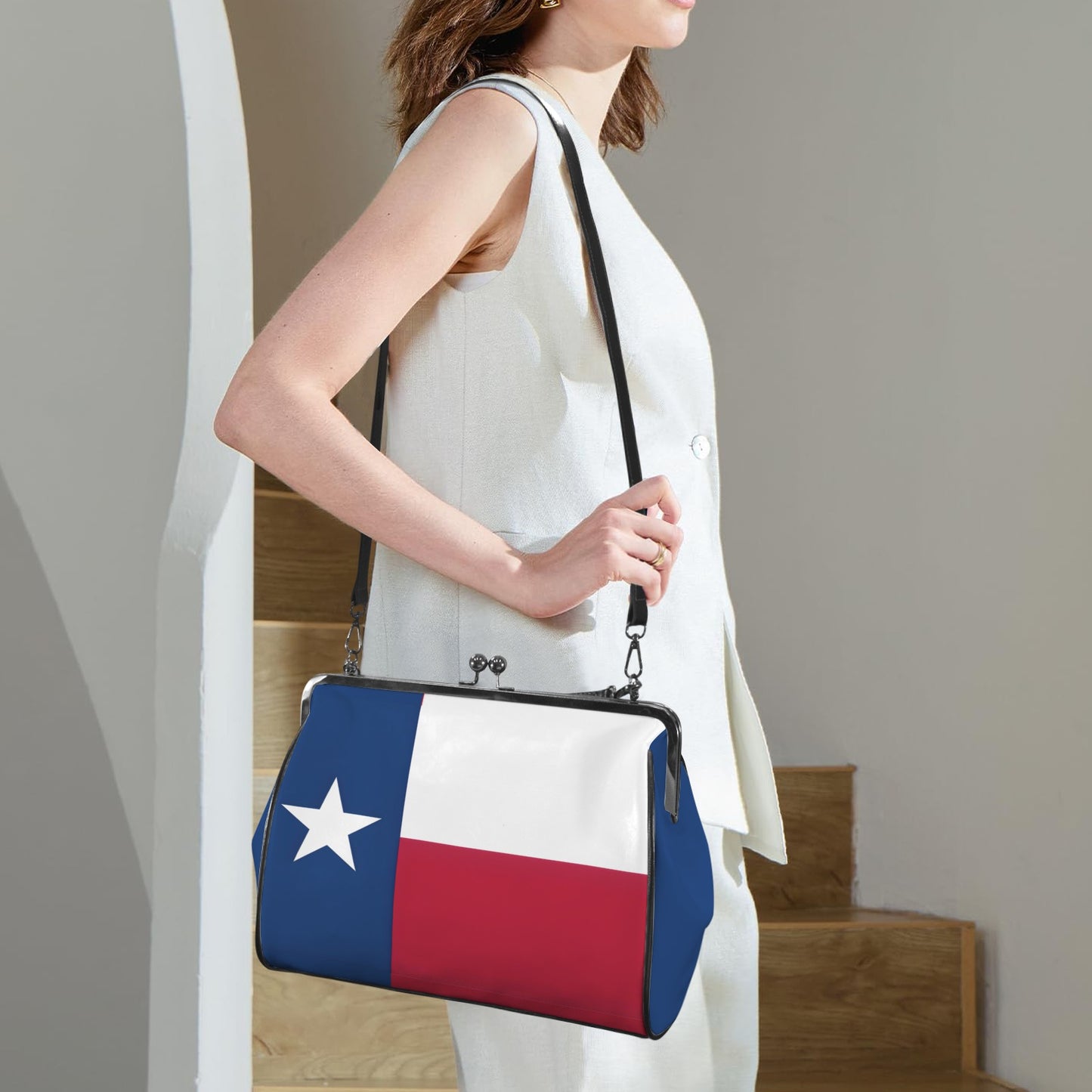 Texas Flag Inspired Kisslock Crossbody Shoulder Bag-Large