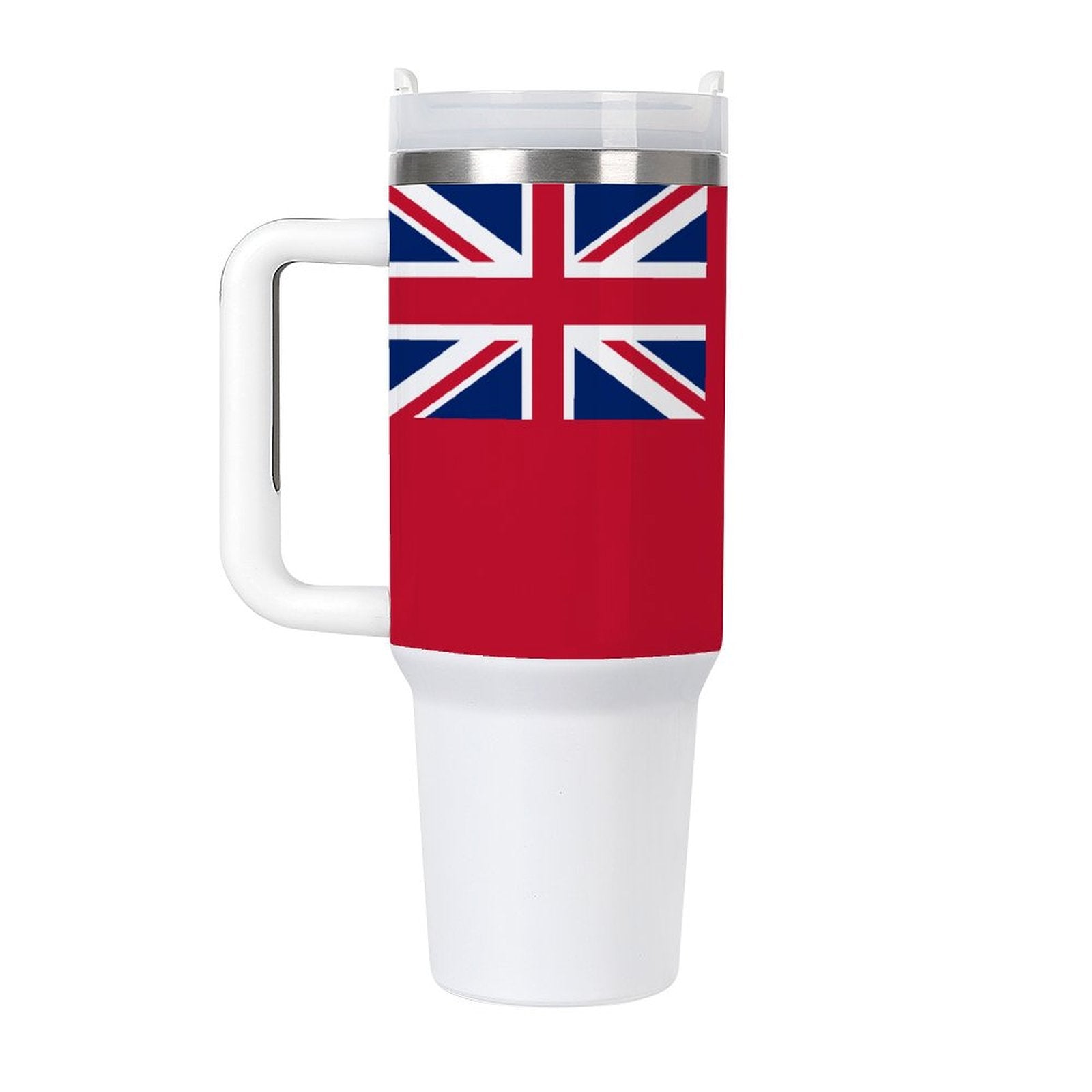 [Brand] travel mug with red ensign flag design.