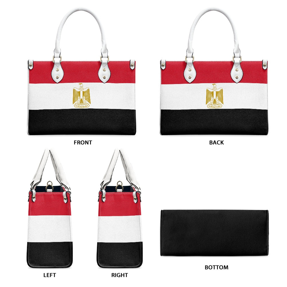 [Brand] handbag featuring Egyptian flag design with eagle emblem.