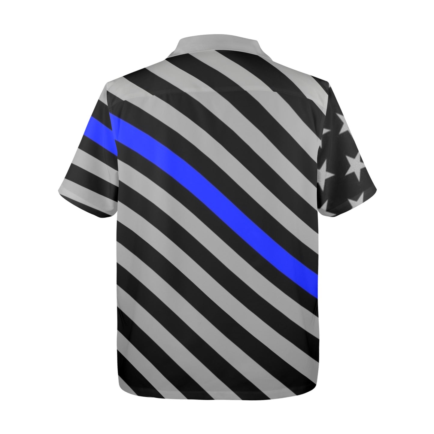 [Brand] shirt with blue stripe, stars, and diagonal lines.