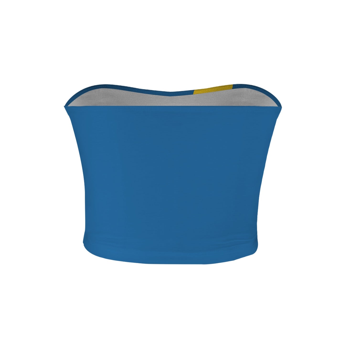 Blue [Brand] strapless top with inner yellow label visible.