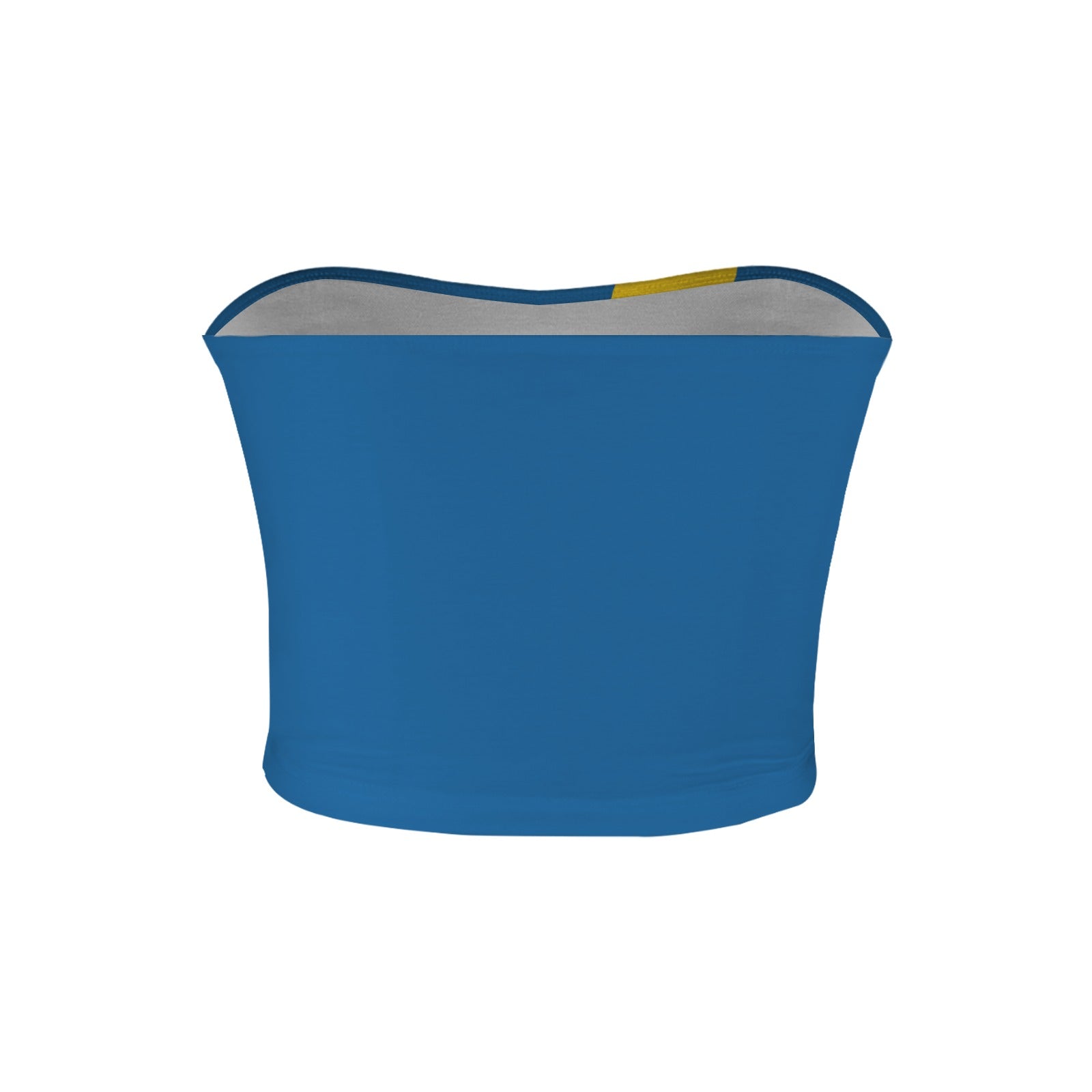 Blue [Brand] strapless top with inner yellow label visible.