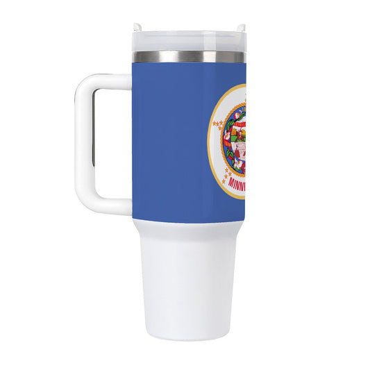 [Brand] blue travel mug featuring Minnesota state emblem design.