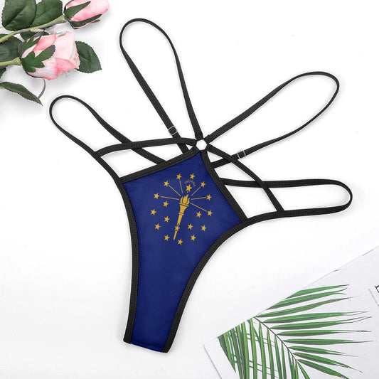 [Brand] edgy strappy lingerie with Indiana state flag motif.
