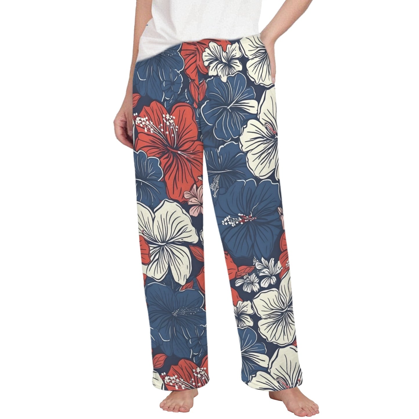 USA/American Flag Inspired Hawaiian Floral Pattern Women's Flannel Pajama Trousers Made in the USA