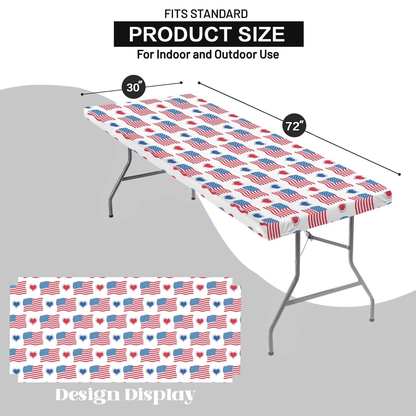 USA/American Flag Inspired Flags and Hearts Pattern Custom Elastic Fitted Tablecloth 72x30 inch (Made in the USA)