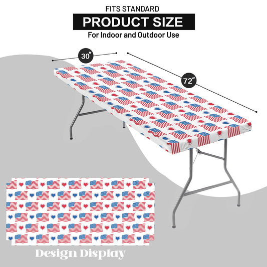 USA/American Flag Inspired Flags and Hearts Pattern Custom Elastic Fitted Tablecloth 72x30 inch (Made in the USA)